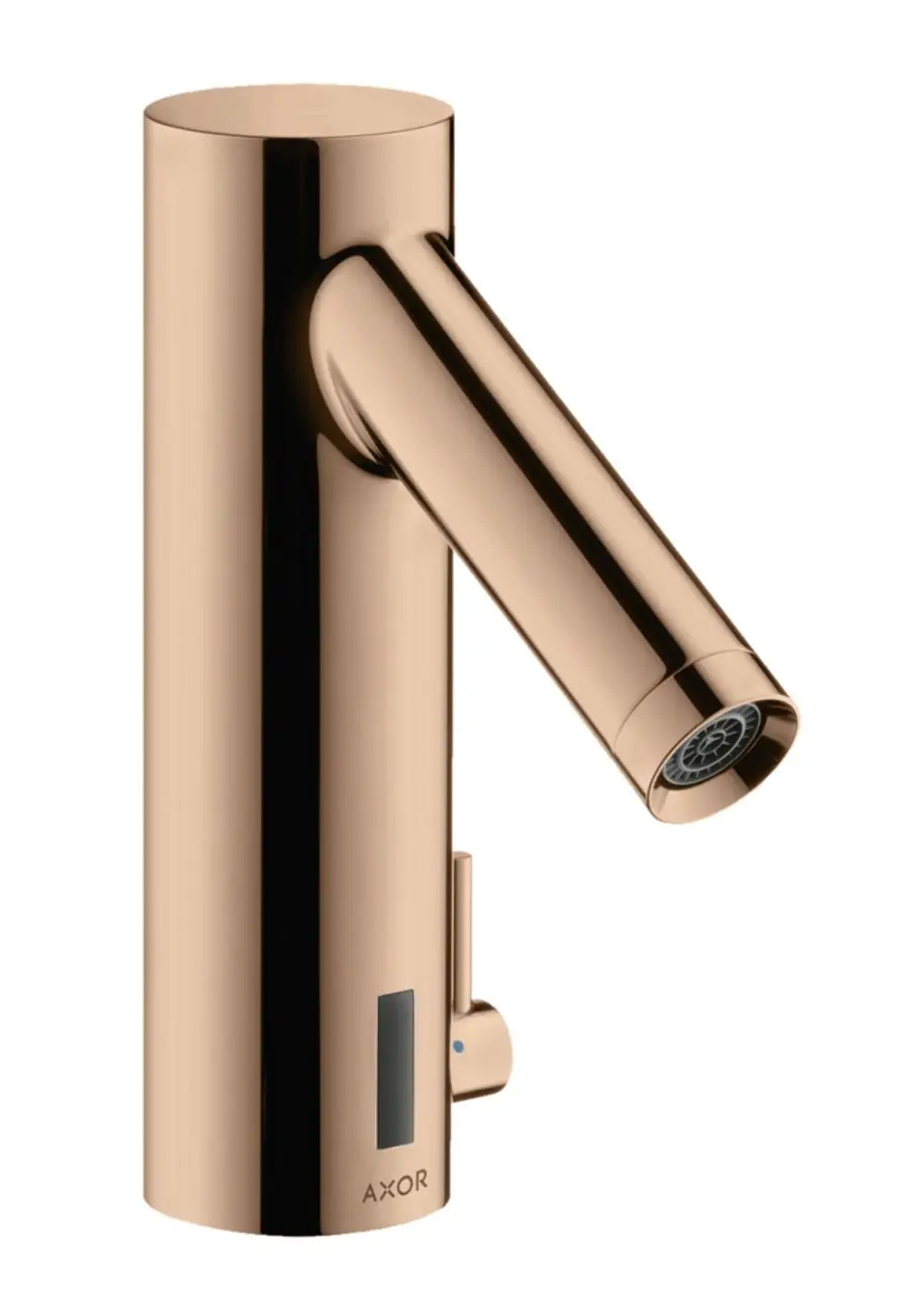 Elektronischer Waschtischmischer in Polished Red Gold von AXOR mit Temperaturregulierung und batteriebetriebenem Betrieb, konisches Design mit seitlichem Bedienhebel.